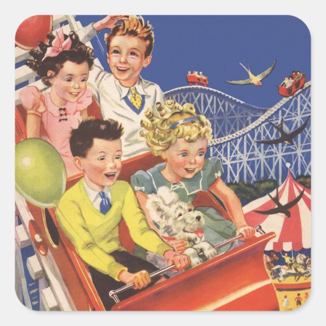 Vintage Children Balloons Dog Roller Coaster Ride Square Sticker (Front)