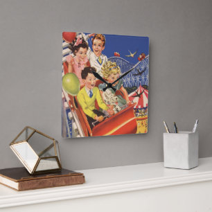 Vintage Children Balloons Dog Roller Coaster Ride Square Wall Clock