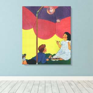 Vintage Children Blowing Bubbles Under an Umbrella Canvas Print