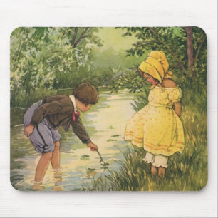 Vintage Children, Boy and Girl Playing by Creek Mouse Pad