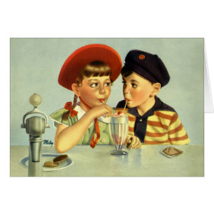 Vintage Children, Boy and Girl Sharing a Shake