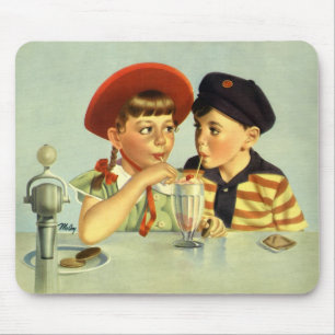 Vintage Children, Boy and Girl Sharing a Shake Mouse Pad