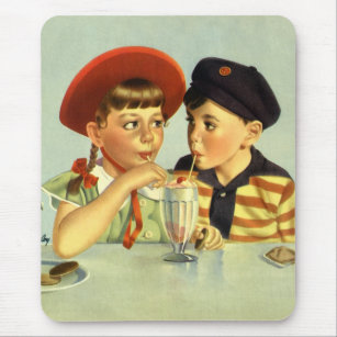 Vintage Children, Boy and Girl Sharing a Shake Mouse Pad