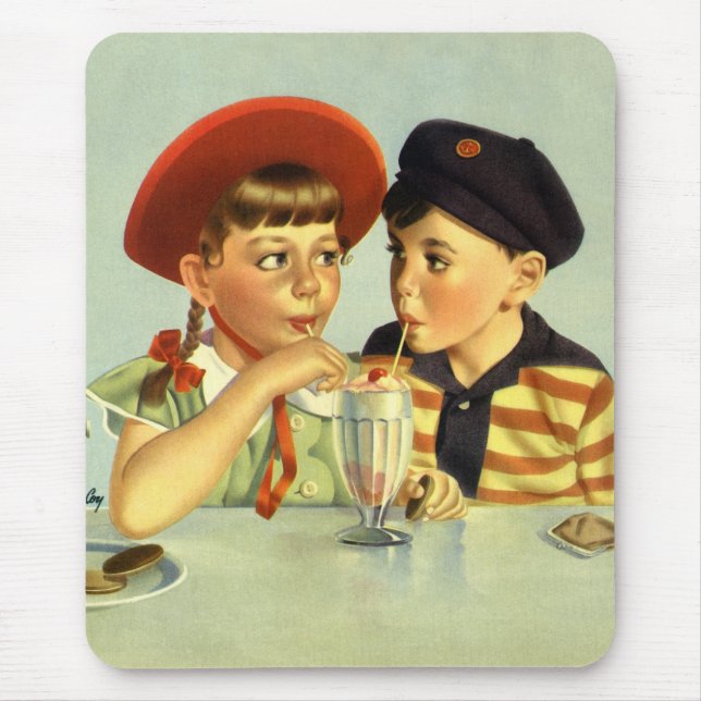 Vintage Children, Boy and Girl Sharing a Shake Mouse Pad (Front)
