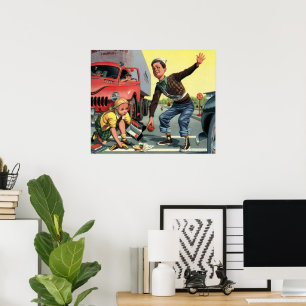 Vintage Children, Boy Safety Patrol Helping Girl Poster