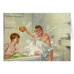 Vintage Children, Boys Brothers Splashing in Tub