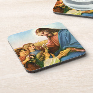 Vintage Children Bring Flowers to Jesus Christ Coaster
