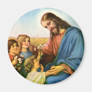Vintage Children Bring Flowers to Jesus Christ Magnet