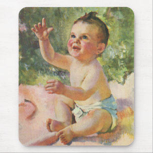 Vintage Children, Cute Baby Girl on a Pink Blanket Mouse Pad
