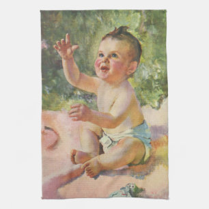 Vintage Children, Cute Baby Girl on a Pink Blanket Tea Towel
