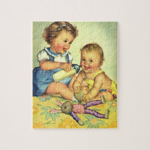 Vintage Children, Cute Happy Toddlers Smile Bottle Jigsaw Puzzle