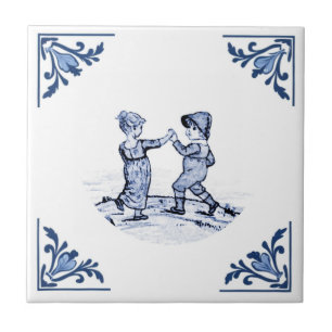 Vintage Children Dancing Delft Corner Blue & White Ceramic Tile