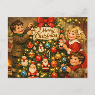 Vintage Children Decorating Christmas Tree  Holiday Postcard
