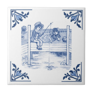 Vintage Children Fishing Kids Delft Blue & White Ceramic Tile
