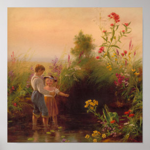 Vintage Children Fishing the Stream Oil Painting Poster