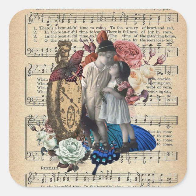 Vintage Children & Floral Collage  Square Sticker (Front)