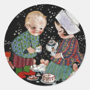 Vintage Children Having a Pretend Tea Party Classic Round Sticker