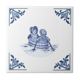 Vintage Children in Row Boat Delft Blue & White Ceramic Tile