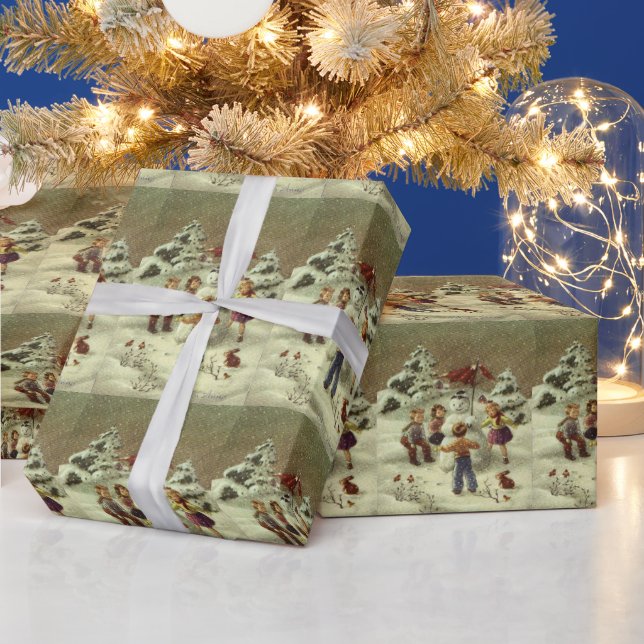 Vintage Children Making a snowman Wrapping Paper (Holidays)