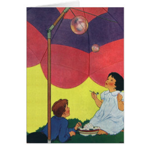 Vintage Children Play Girl and Boy Blowing Bubbles