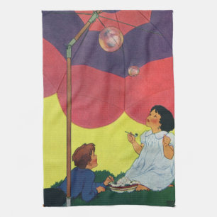 Vintage Children Play Girl and Boy Blowing Bubbles Tea Towel