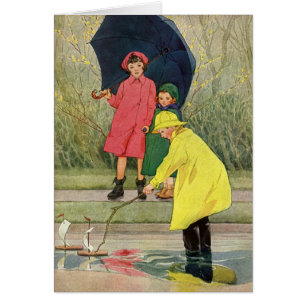 Vintage Children Playing in Puddles "A Rainy Day"