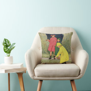 Vintage Children Playing in Puddles "A Rainy Day" Cushion