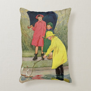 Vintage Children Playing in Puddles "A Rainy Day" Decorative Cushion