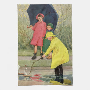 Vintage Children Playing in Puddles "A Rainy Day" Tea Towel