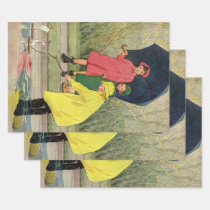 Vintage Children Playing in Puddles "A Rainy Day" Wrapping Paper Sheet