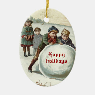 Vintage Children playing in winter Ceramic Ornament