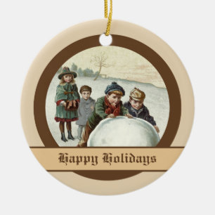 Vintage children playing in winter ceramic ornament