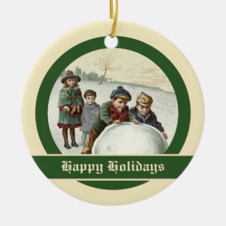 Vintage children playing in winter ceramic tree decoration