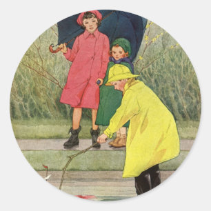 Vintage Children Playing Puddles Toy Boats Rain Classic Round Sticker