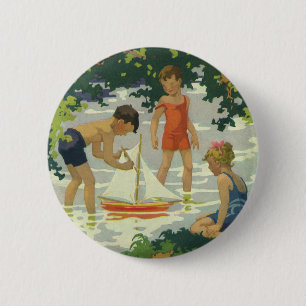 Vintage Children Playing Toy Sailboats Summer Pond 6 Cm Round Badge