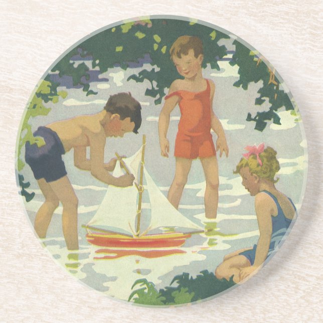 Vintage Children Playing Toy Sailboats Summer Pond Coaster (Front)