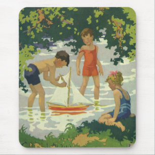 Vintage Children Playing Toy Sailboats Summer Pond Mouse Pad