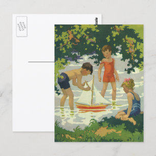 Vintage Children Playing Toy Sailboats Summer Pond Postcard
