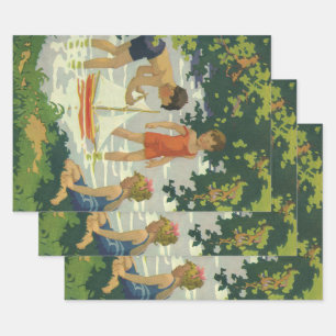 Vintage Children Playing Toy Sailboats Summer Pond Wrapping Paper Sheet