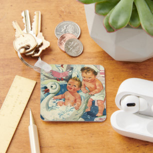 Vintage Children Playing w Bubbles in Swan Bathtub Key Ring