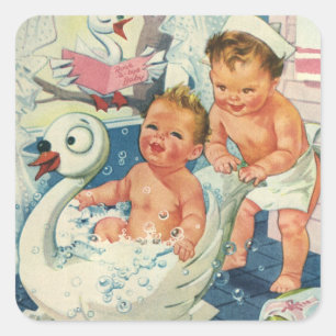 Vintage Children Playing w Bubbles in Swan Bathtub Square Sticker
