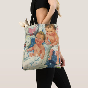 Vintage Children Playing w Bubbles in Swan Bathtub Tote Bag