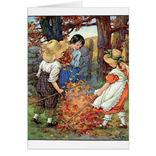 Vintage - Children Raking Fall Leaves,
