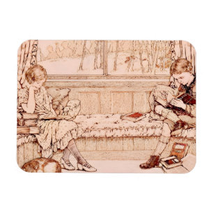 Vintage Children Reading cosy Illustration Magnet