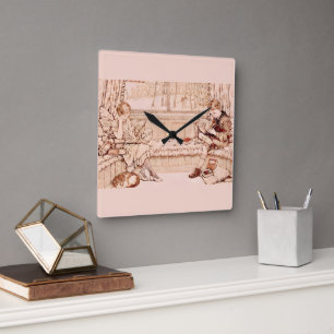 Vintage Children Reading cosy Illustration Square Wall Clock