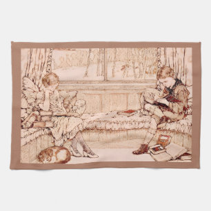 Vintage Children Reading cosy Illustration Tea Towel