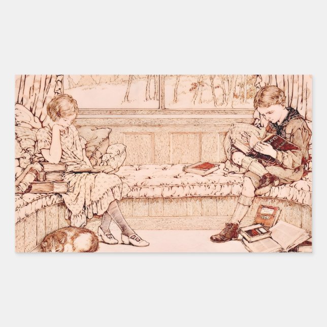 Vintage Children Reading Illustration  Rectangular Sticker (Front)
