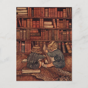 Vintage Children Reading in Library book lover Postcard