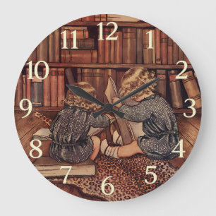 Vintage Children Reading in Library Illustration Large Clock