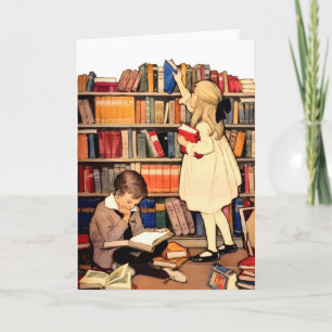 Vintage Children Reading Library Books Blank Card